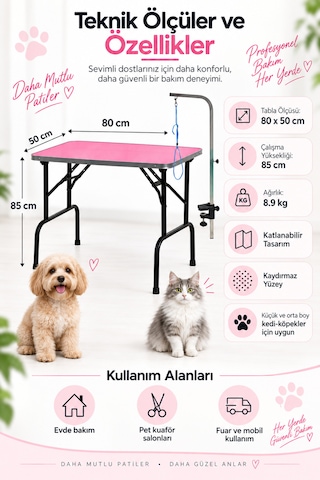 Pet Grooming Katlanabilir Pembe Taşınabilir Pet Kuaför Masası 80 Cm X 50 Cm