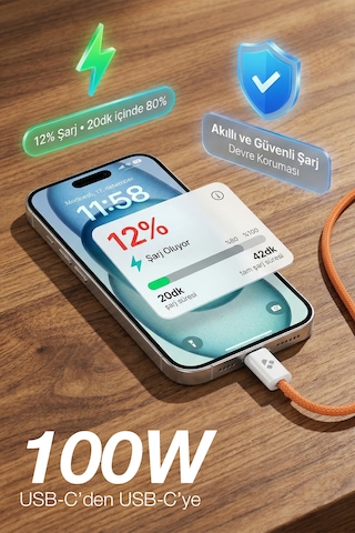100w Destekli Usb-c To Usb-c Hızlı Şarj Ve Yüksek Hızlı Veri Aktarım Kablosu 1 Metre 100cm