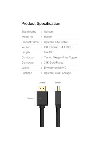 Ugreen 10106 Uhd 4K Yüksek Hızlı Ethernet ve Hdmi Kablosu. 1M