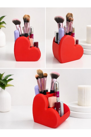 3d Baskı Kalp Tasarımlı Kalemlik & Makyaj Organizer Modern Masaüstü Düzenleyici Kırmızı