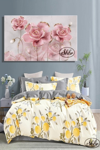 Tekli, Yatay, Kanvas, Dekoratif, Duvar, Tablosu , Pembe Gold Detaylı 3d Güller,