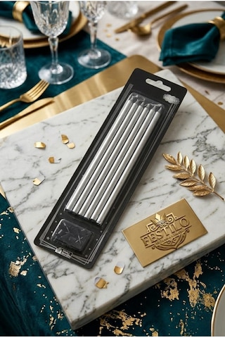 7'li Uzun Mum 20 Cm Pasta Mumu Gümüş Metalik Renk Parti Malzemeleri Doğum Günü Süsleri