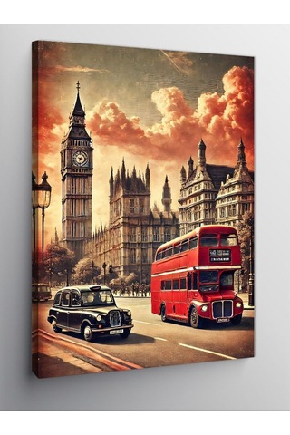 Kanvas Tablo Londra, Big Ben Ve Kırmızı Otobüs 70cmx100cm