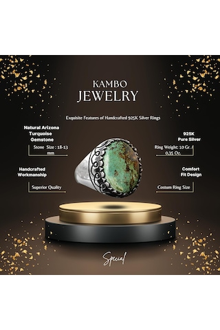 Gerçek Arizona Yeşil Turkuaz Taşı Yüzük, 925 Ayar Gümüş Yüzük Erkekler İçin Gümüş