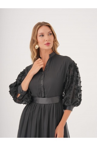 Dantel Detaylı Kemerli Şifon Gömlek Elbise Siyah