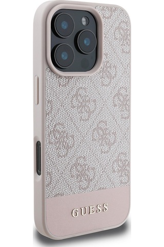 Apple Uyumlu iPhone 16 Pro Max Kılıf Guess Lisanslı Pu Deri Şerit Logo Dizaynlı Kapak Pembe