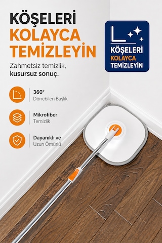 Moppak Temiz Kirli Su Ayrımı Mikrofiber Kare Başlık Mop Temizlik Seti Beyaz