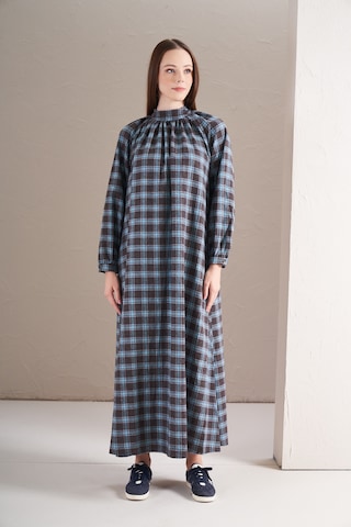 Boynu Büzgülü Elbise Küçük Kareli Kahve Lacivert Kahverengi - Lacivert