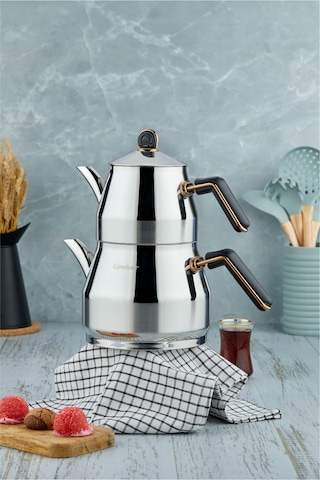 Everest 18/10 Paslanmaz Çelik Aile Boy Çaydanlık 1,40 L Demlik 2,75 L Alt Hazne Siyah