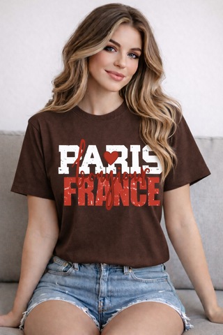 Herkesemoda Paris France Baskı Detaylı Basic T-shirt Kahverengi
