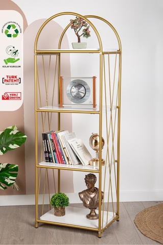 Demeter Dekoratif Raf Mobilya Kitaplık Dekoratif Metal Mobilya Gold 4 Raflı Kitaplık Altın