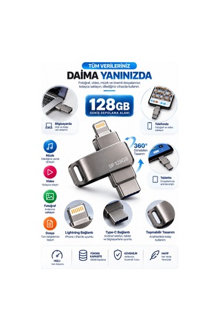 Shnstore Lightning Type C Destekli 128gb Taşınabilir Usb Flash Bellek Fotoğraf Video Ve Dosya Aktarımı Shntknd0720