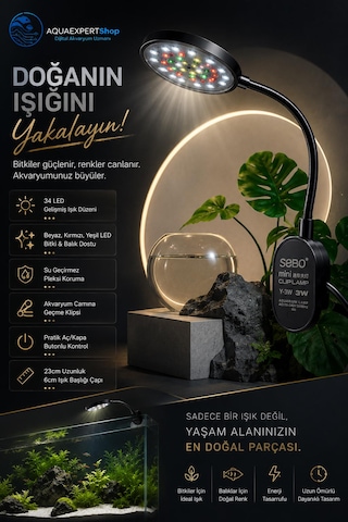 Sobo Usb Akvaryum Işığı - Balık Işığı - Bitki Işığı - 34 Led - Y-3w - Güçlü Aydınlatma - Üstün Performans - 23 Cm - Siyah