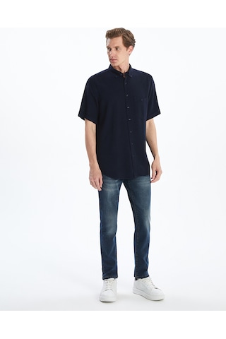 Lcwaıkıkı Classic Lacivert Regular Fit Kısa Kollu Keten Karışımlı Erkek Gömlek