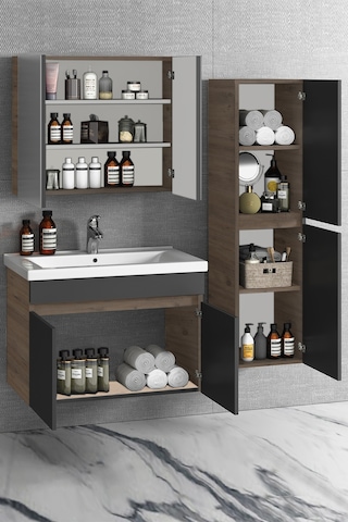 Çiğdem 80+35 Cm Atlantik Çam-Antrasit Gri Mat Mdf Seramik Lavabol Antrasit - Atlantik Çam