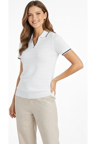 Wear Vexel Kadın Yazlık Dokuma Triko Tişört Düğmesiz Polo Yaka Kısa Kol T-shirt - Beyaz Beyaz
