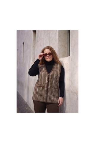 Onno Style Women Büyük Beden Kazayağı Desen Renkli Çelik Örgü Triko Kadın Yelek Kahverengi