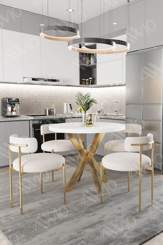 Avvio Lea Mat Gold Ayak 4'lü Teddy Sandalye 90x90 Masa Sandalye Takımı Sandalye Bukle Kumaş Beyaz
