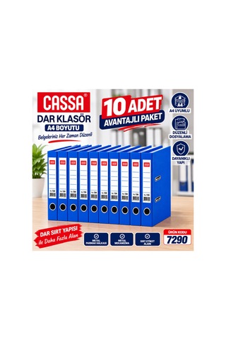 7290 Dar Klasör A4 Mavi 10 Adet Avantajlı Ekonomik Paket