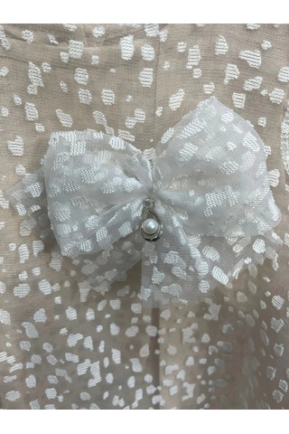 Yazlık Müslin Nokta Desenli Tüllü Taşlı Damla Aksesuarlı Bebe Kız Elbise Bej