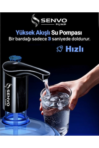 Senvo Pump Damacana Su Pompası Hızlı Dolum, Ultra Sessiz, Tek Şarjla 15 Damacanaya Kadar Siyah