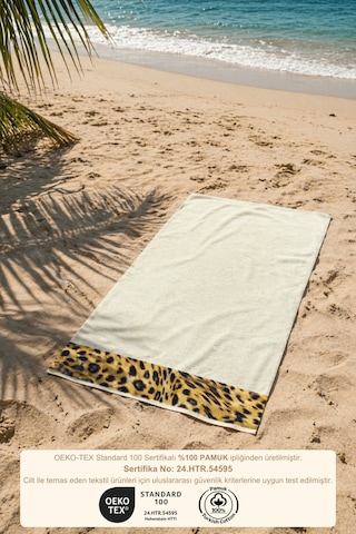 Leopar Plaj Havlusu %100 Pamuk Sertifikalı Deniz & Havuz Havlu Krem 70x140cm Ekru