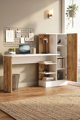 Yurudesign Laura Kitaplıklı Çalışma Masası Atlantik Çam Beyaz CT2