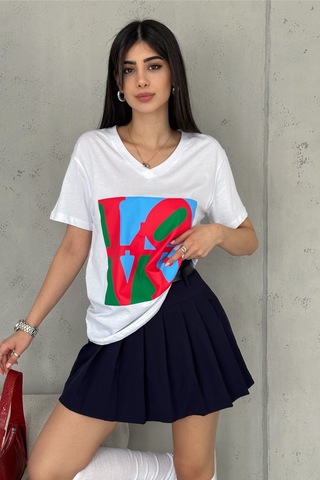 Femelle Kadın Beyaz Love Baskılı Pamuklu Tişört