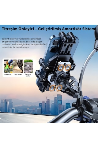 H08 Titreşim Önleyici Motosiklet Telefon Tutucu | CNC Alüminyum Gövde, 8 Kıskaçlı Güçlü Kilit, Kamera Korumalı, Evrensel Uyum