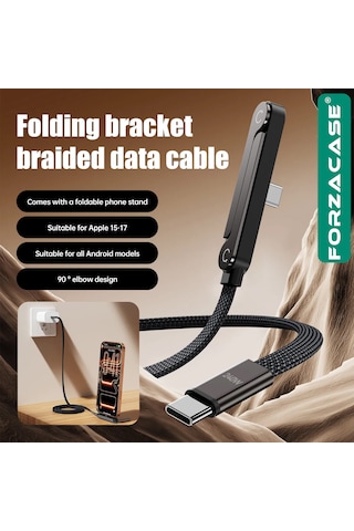 Forzacase 240w Type-c To Type-c Katlanabilir Standlı Hızlı Şarj Kablosu Yassı Örgü Tasarım - Fc1227 1 Adet