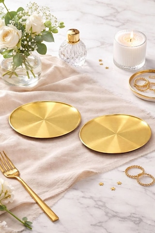 2 Kişilik Lüks Gold Metal Sunumluk Tepsi Sunum Servis Tepsisi 20cm Altın - Gold