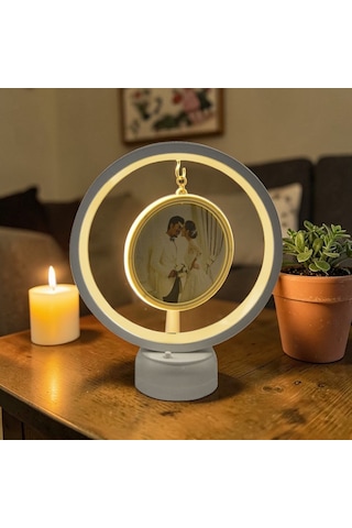Led Işıklı Yuvarlak Fotoğraf Çerçevesi Kişiye Özel Fotoğraf Baskılı Resimli Gece Lambası Beyaz