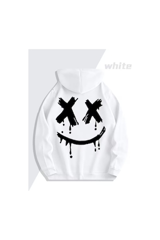 Nevermind Sevgili Çift Kombin Gülümseme Baskılı Renk Kapüşonlu Sweatshirt 2li Set Takım 3 İplik Pamuk Beyaz