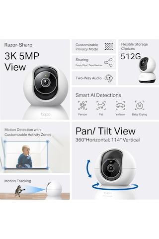 Tp-lınk Tapo Tc74 C230 , 3k, 5,0mpix, İç Mekan, Wifi, 12mt. Gece Görüşü, 360 Dönüş, İki Yönlü Ses Güvenlik Yapay Zeka Destekli Kamera