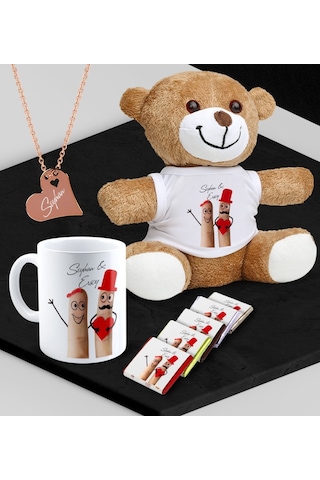 Kişiye Özel Sevgili Peluş Ayı Kupa Madlen Çikolata Ve Rose Kalp Kolye Set - 85