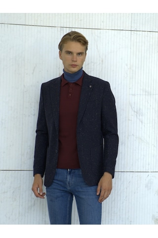 Erkek Yün Ceket Nopeli Mono Yaka Torba Cep Çift Yırtmaç Slim Fit Ceket Ncs Jeans 4003-Lacivert