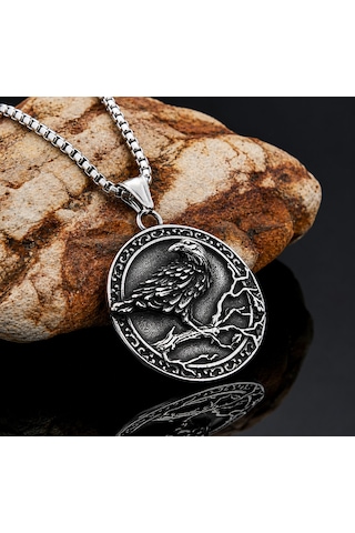 Paslanmaz Çelik Çift Taraflı Tasarım Vegvisir Rune Viking Kuzgun Kolye