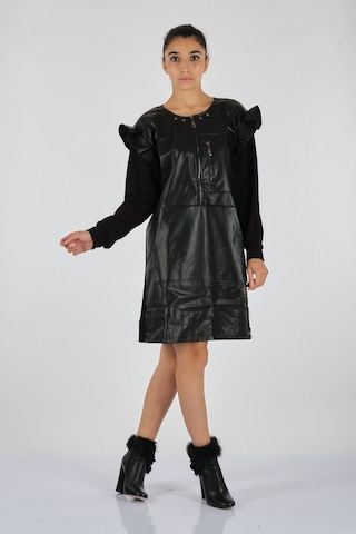 Unique Mode Minimalist Uzun Kol Midi Deri Elbise - Günlük Şıklık Siyah