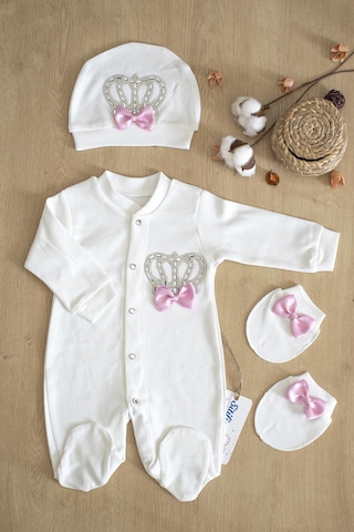 Sitilin Kız Bebek Papyonlu Pembe Taşlı Süslü Tulum Seti 0-3 Ay Stl6372 Pembe