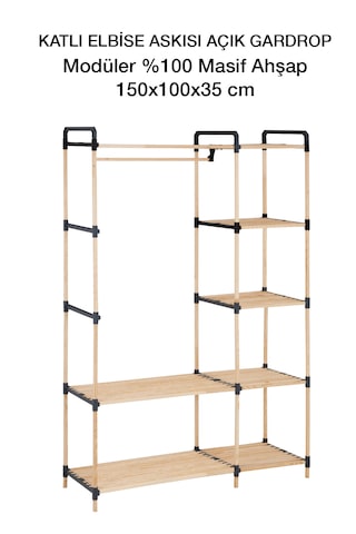 Ne-03 Modüler Raflı %100 Masif Ahşap Elbise Askısı Açık Gardırop Ahşap