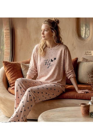 Pijamoni Kadın Likralı Pamuklu Bisiklet Yaka Uzun Kol İnce Pijama Takımı 1300/6 - 1 Adet Pudra