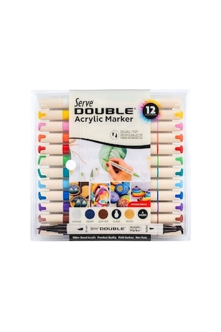 Serve Double Çift Uçlu Akrilik Marker Kalem Seti Fırça Ve Keçeli Uç 12 Renk Svdam12p Çok Renkli