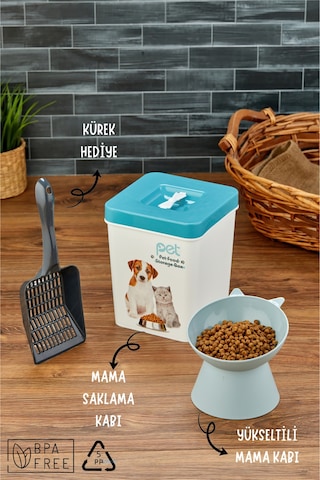 Evcil Hayvan Kedi Ve Köpek Mama Saklama Kabı & Mama Kabı Seti Kürek Hediyeli 3'lü Set - Mavi