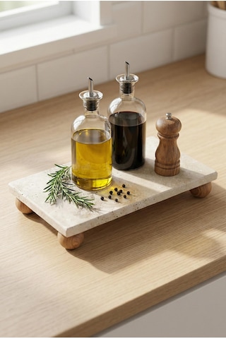 Ayaklı Doğal Mermer Sunum Tablası & Dekoratif Yağdanlık Altlığı 12x24x4 Cm Beyaz