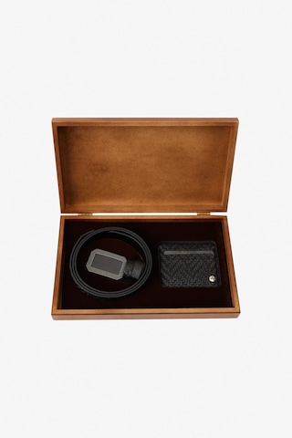 AC&Co / Altınyıldız Classics Erkek Siyah Özel Ahşap Hediye Kutulu Kemer - Kartlık Aksesuar Set Damat Bohçası Siyah