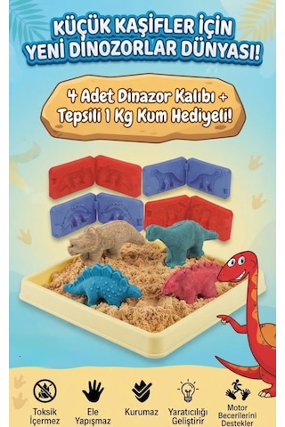 3d Kalıplı Dinazor Kinetik Kum Set- Kum Havuzu 1000 Gr Kum 4 Adet Kalıp Set