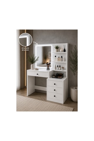 Led Işıkllı Çekmeceli Raflı Beyaz Makyaj Masası Beyaz