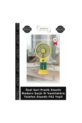 Özel Seri Pratik Stantlı Modern Şarjlı El Vantilatörü Telefon Standlı F62 Yeşil