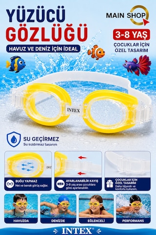 Mainshop Intex Çocuk Yüzücü Gözlüğü - 3-8 Yaş Buğu Yapmaz Ayarlanabilir Havuz - Deniz Gözlüğü M-55602