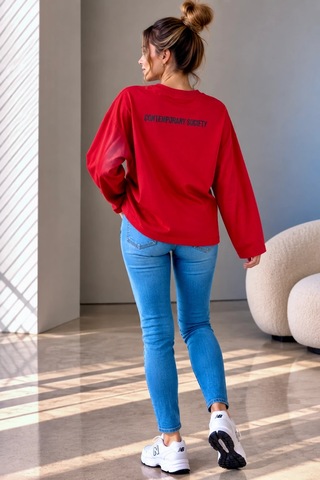 Bb Butik Basic Kadın Baskılı Bol Kollu Oversize İnce Sweatshirt Trend Model Mu3535 Kırmızı